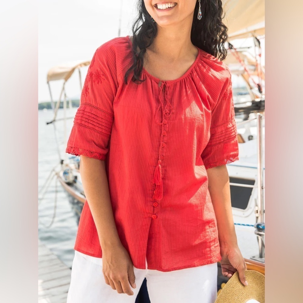 April Cornell Poppy Embroidered Tassel Short Sleeve buttoned Down Blouse… - Picture 2 of 13